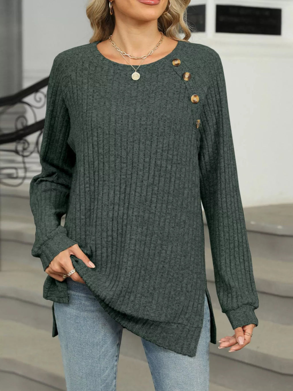 Round Neck Side Slit Ribbed Knit Top with Asymmetric Button Detail - Trendsi | Lola Mariee