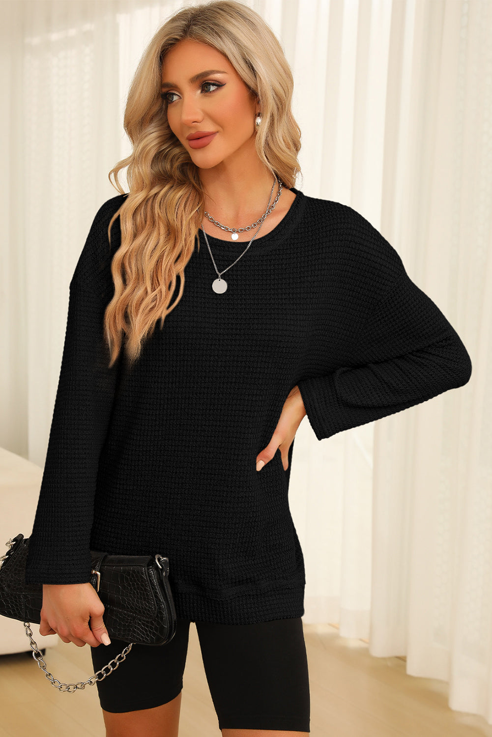 Waffle-Knit Round Neck Long Sleeve Sweatshirt - Trendsi | Lola Mariee