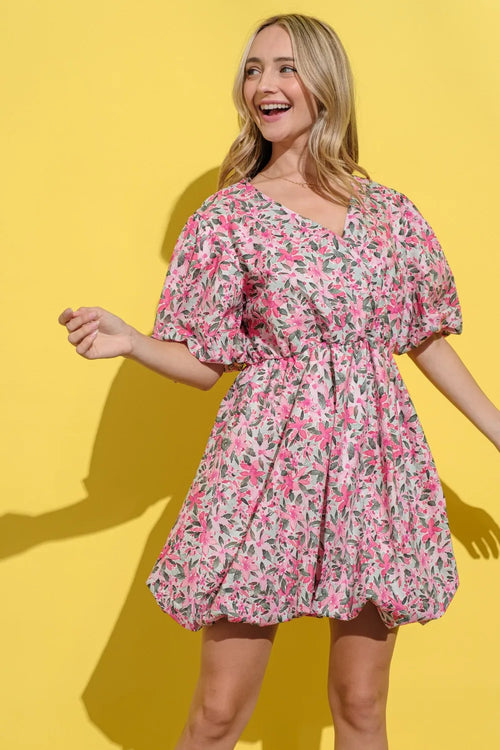 And The Why Full Size Floral Surplice Puff Sleeve Dress | Lola Mariee