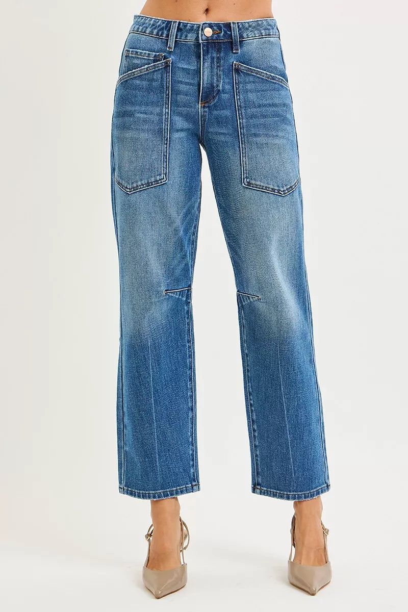 RISEN 4 Way Stretch Mid Rise Barrel Jeans with Patch Pocket Detail - LOLA MARIEE | Lola Mariee