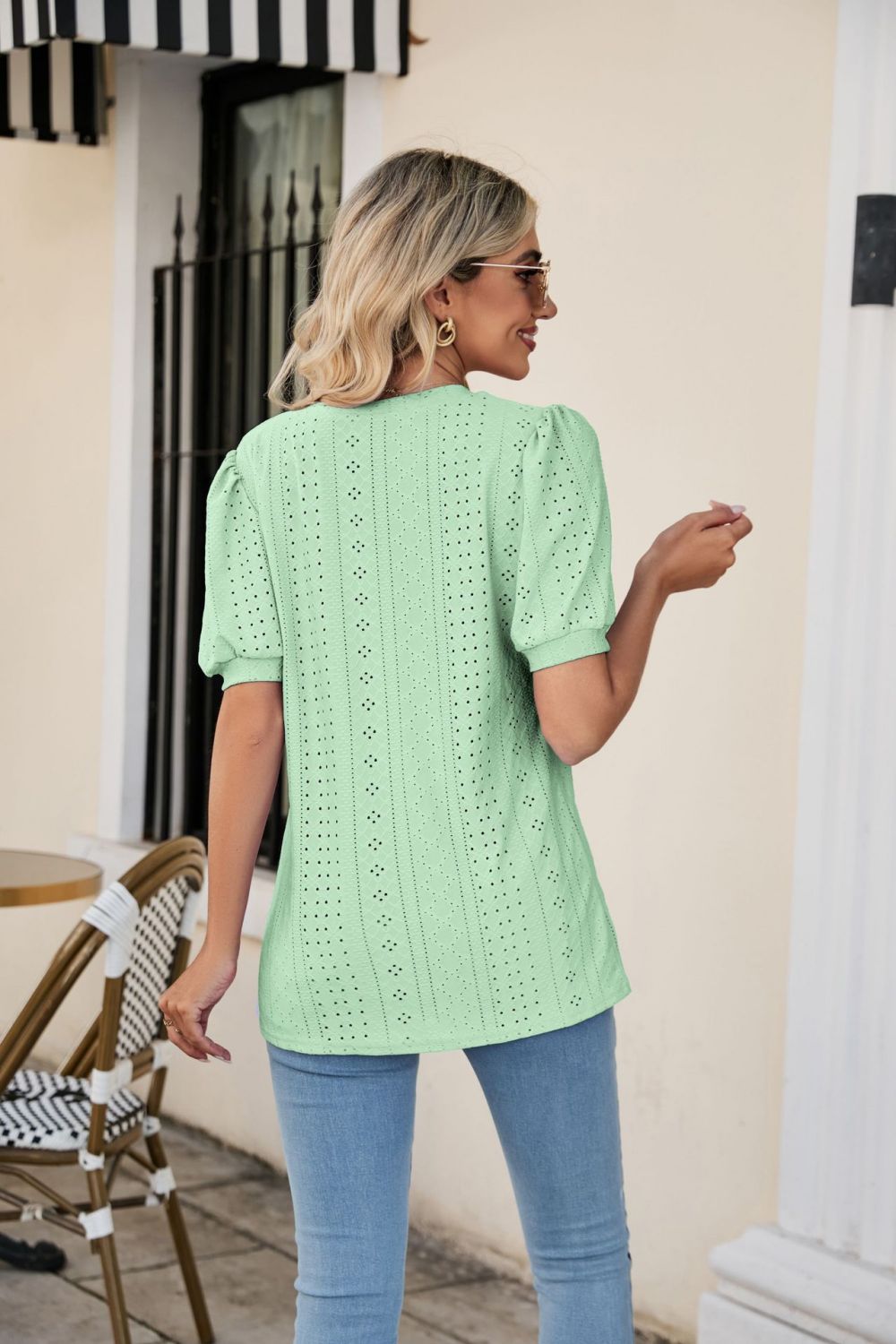 Eyelet Puff Sleeve V-Neck Top - Trendsi | Lola Mariee