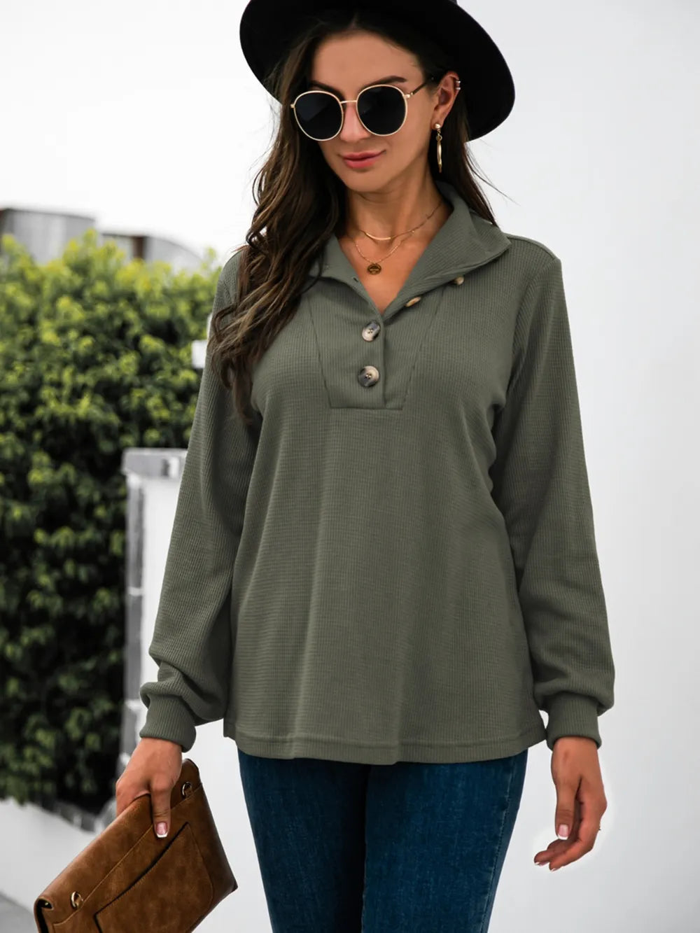 Half Button Long Sleeve T-Shirt - Trendsi | Lola Mariee