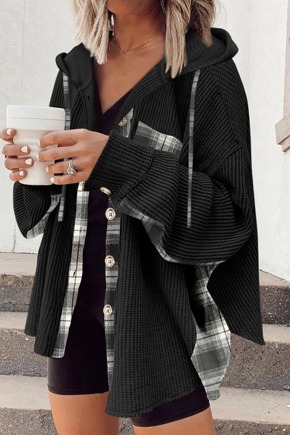 Waffle Knit Plaid Patchwork Drawstring Hooded Shacket – view 10 | Lola Mariee