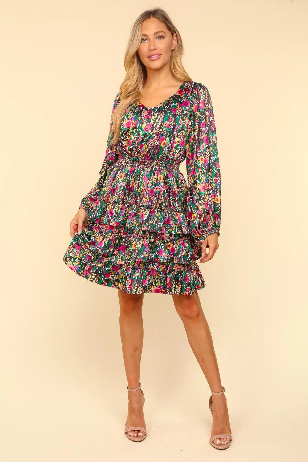 Haptics V-Neck Satin Floral Layered Dress - women's dress at Lola Mariee boutique