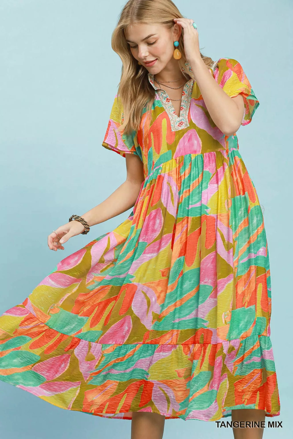 Umgee Abstract Tropical Print Tiered Midi Dress - Trendsi | Lola Mariee