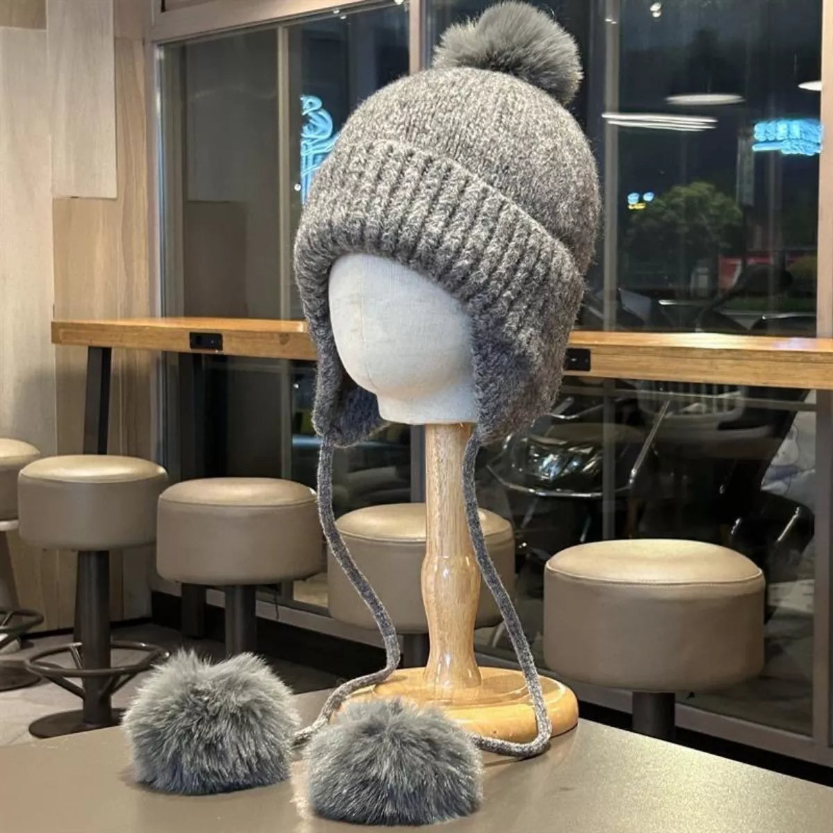 Warm Knitted Beanie Hat with Pom Pom Ear Flaps – view 5 | Lola Mariee