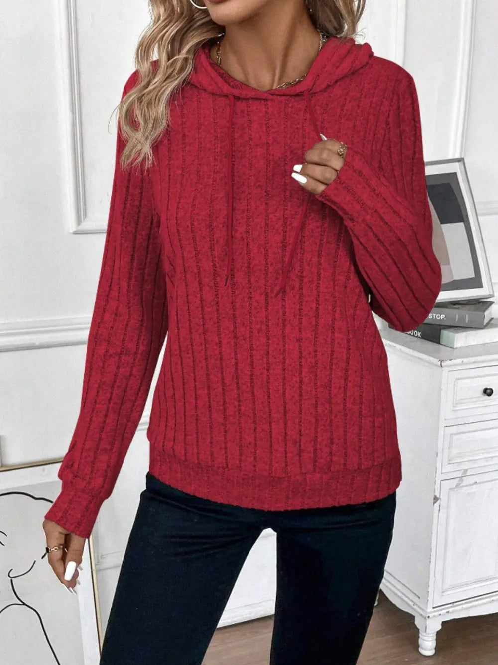 Drawstring Ribbed Long Sleeve Hoodie - Trendsi | Lola Mariee