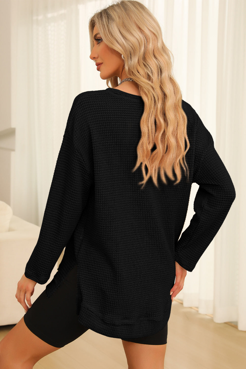 Waffle-Knit Round Neck Long Sleeve Sweatshirt - Trendsi | Lola Mariee