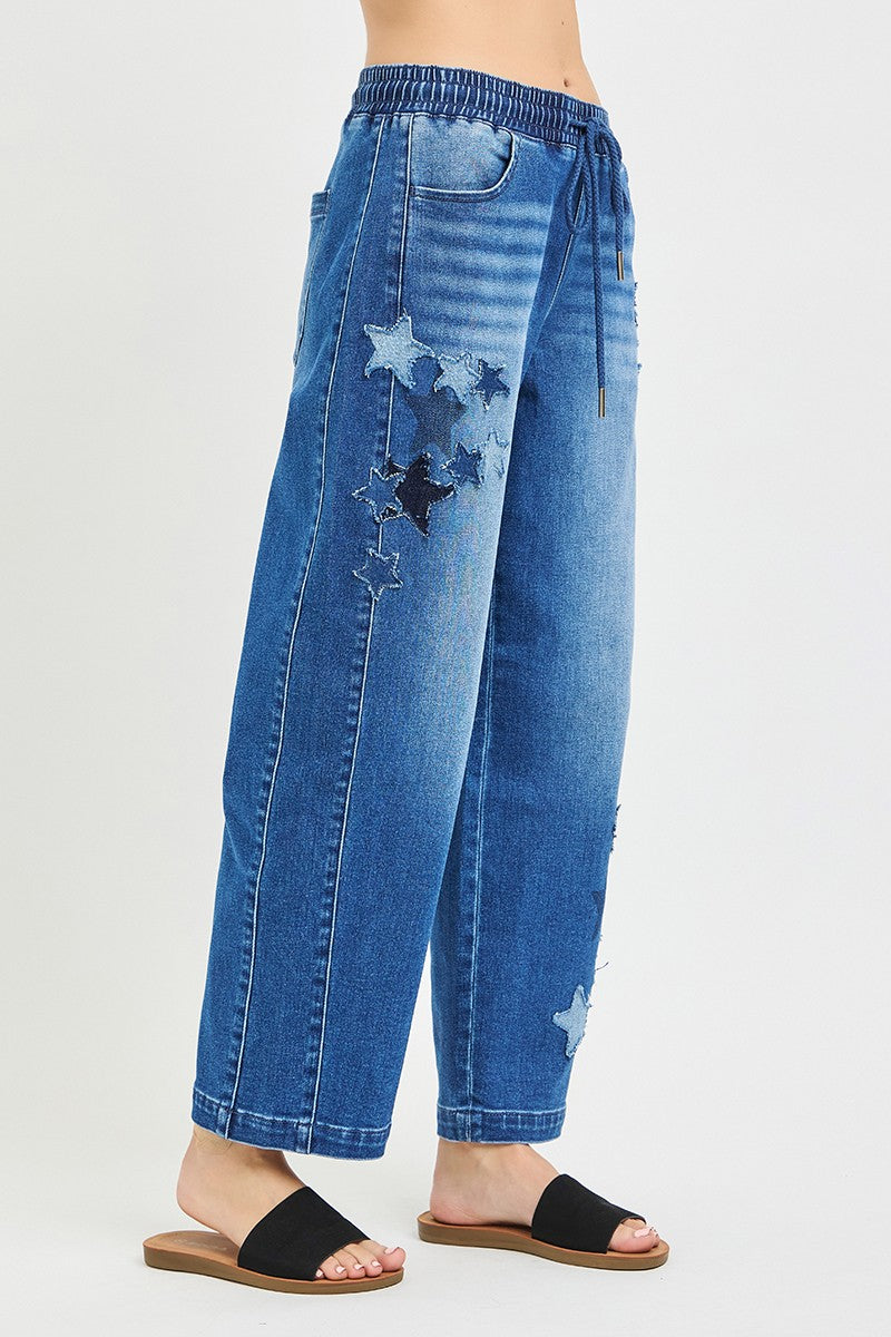 RISEN Elastic Band Slouchy Cropped Barrel with Star Patch - Trendsi | Lola Mariee