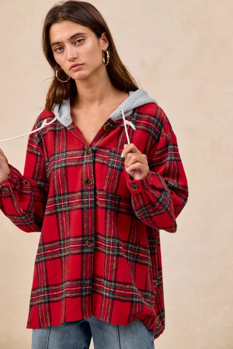 BiBi Brushed Plaid Hooded Jacket - Trendsi | Lola Mariee