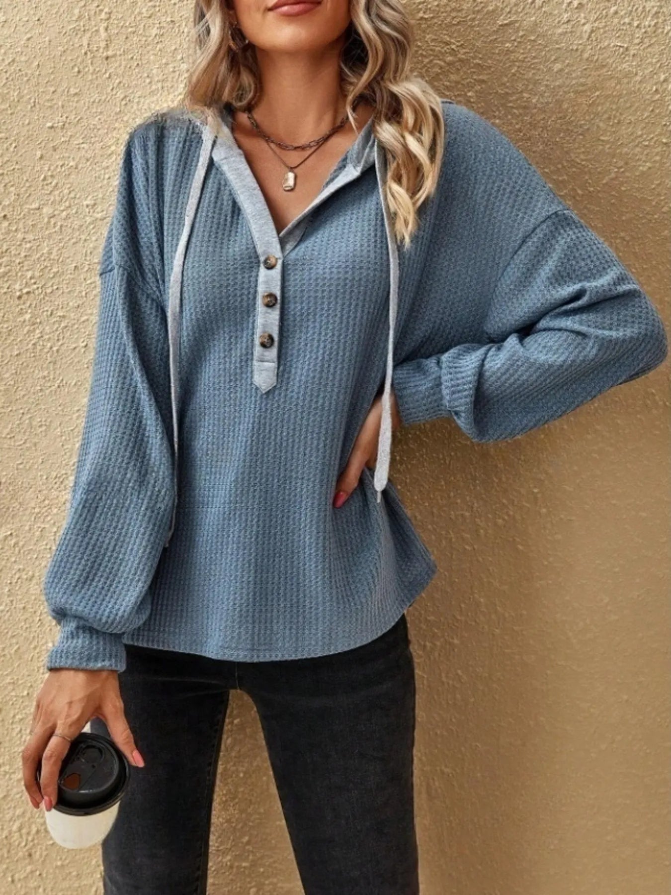 Drawstring Waffle Knit Hoodie – view 9 | Lola Mariee