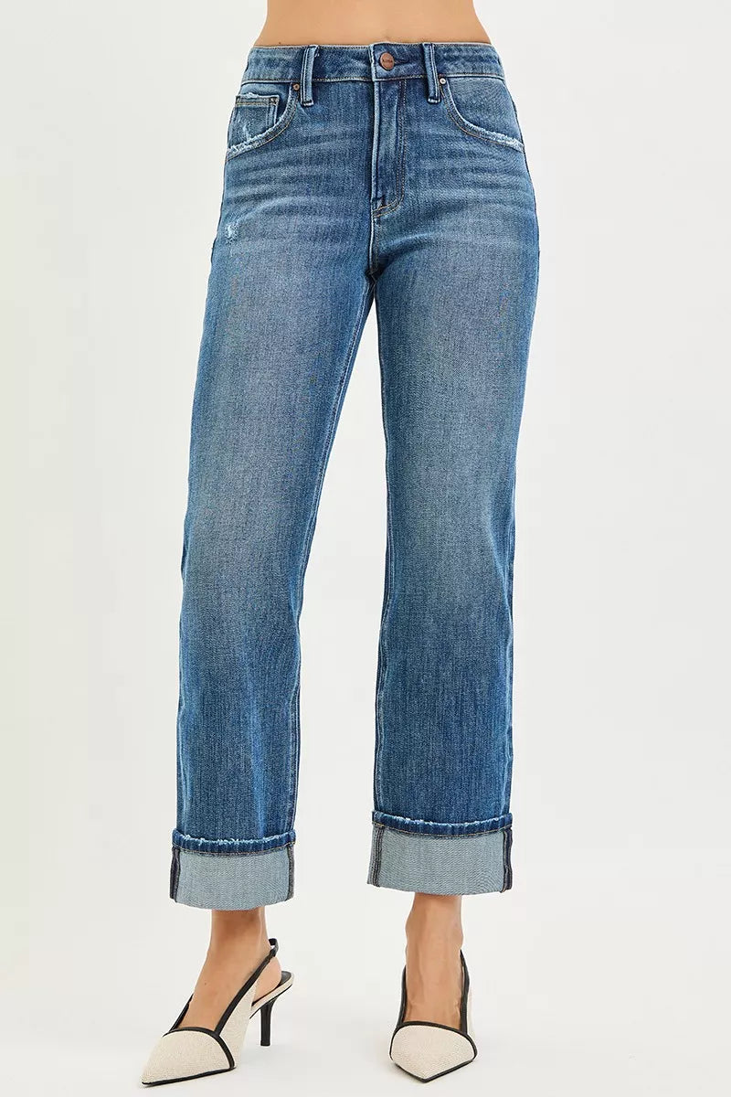 RISEN Full Size 4 Way Stretch Slouchy Straight Jeans with Cuffed Hem Plus Size - LOLA MARIEE | Lola Mariee