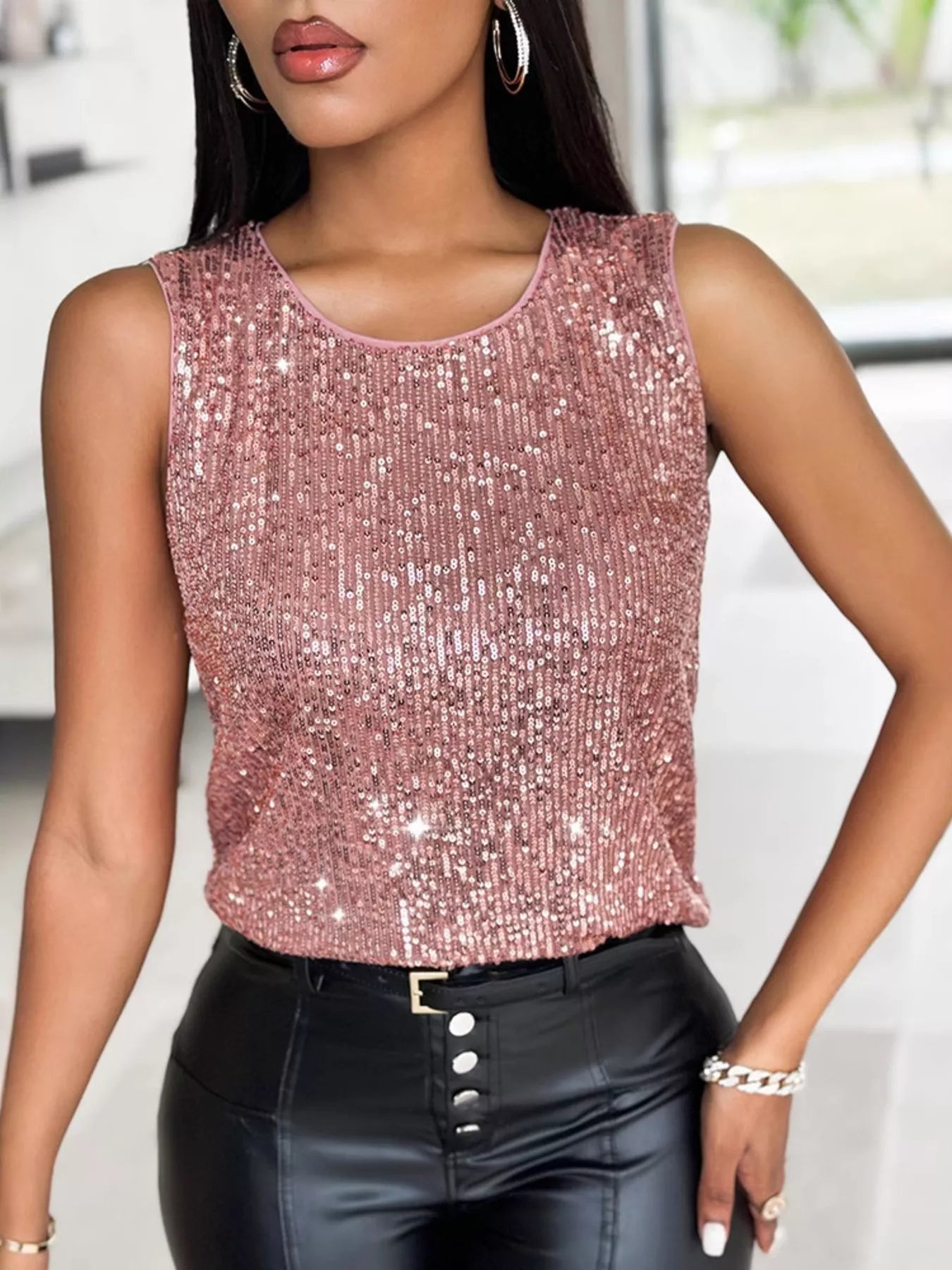 Sequin Round Neck Tank Top – view 9 | Lola Mariee