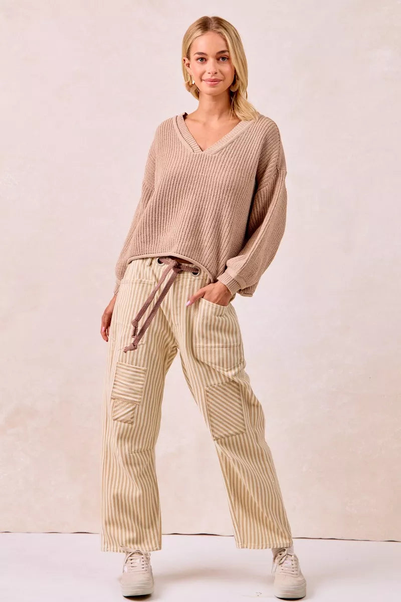 BiBi Drawstring Striped Twill Barrel Pants - Trendsi | Lola Mariee