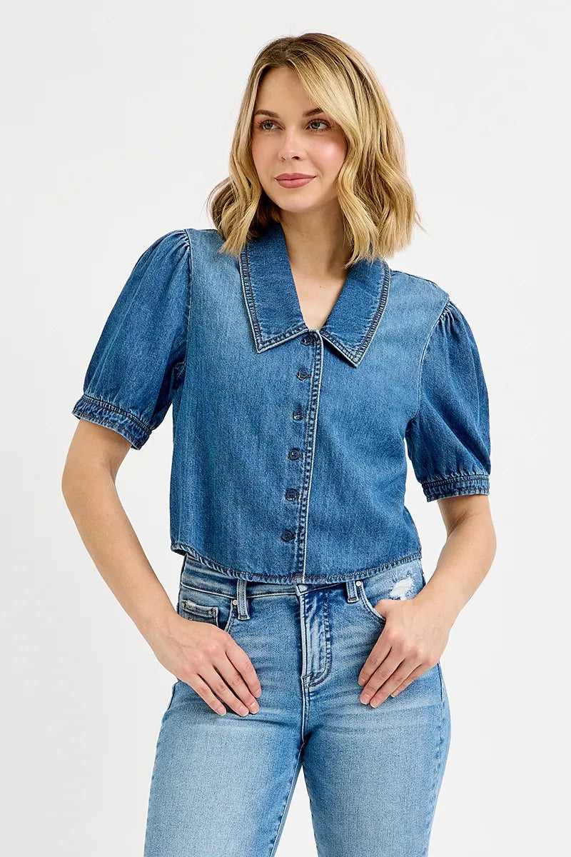 RISEN Button Down Puff Sleeve Crop Denim Shirt - LOLA MARIEE | Lola Mariee