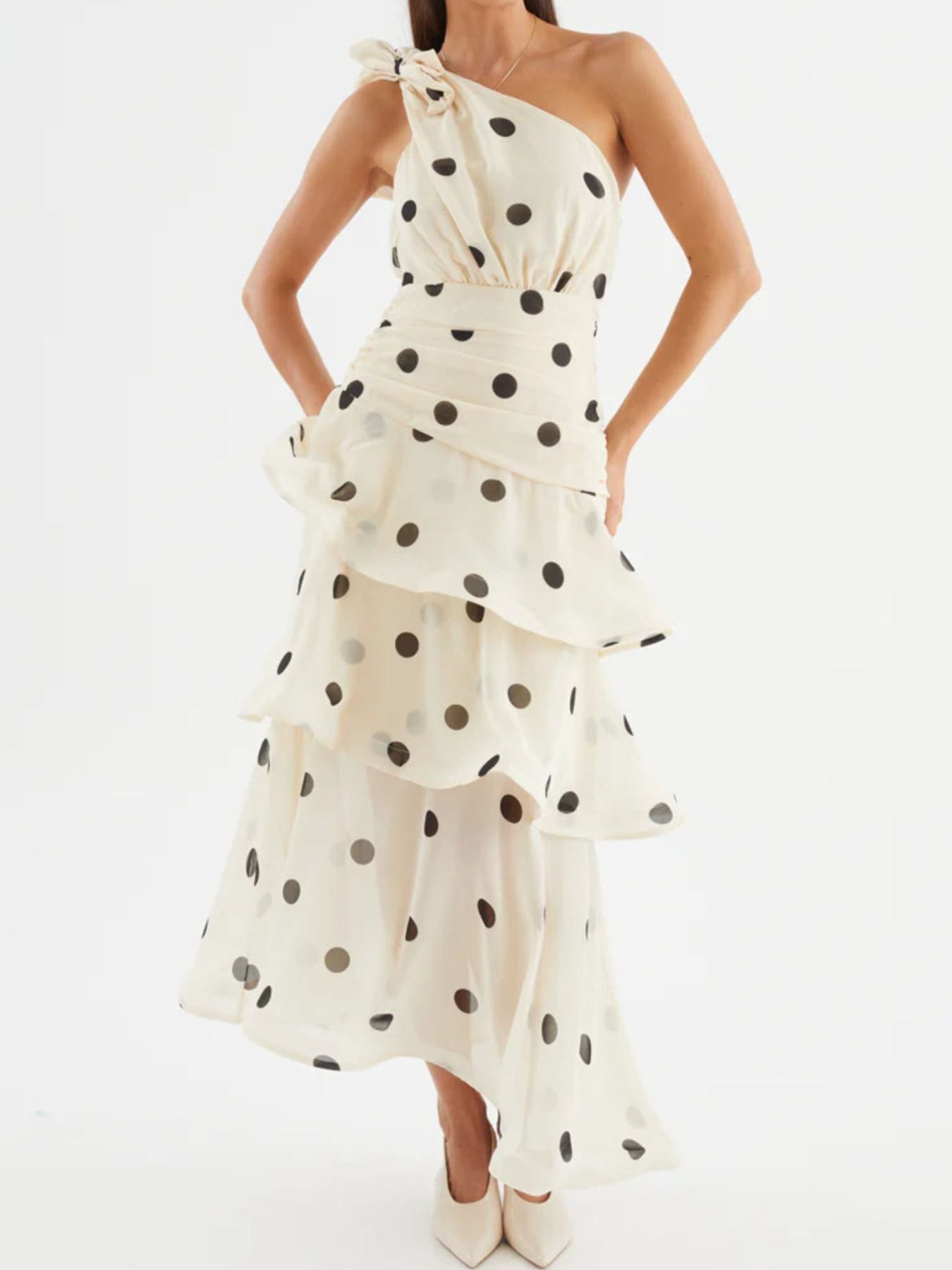Polka Dot One-Shoulder Ruffle Dress – view 7 | Lola Mariee