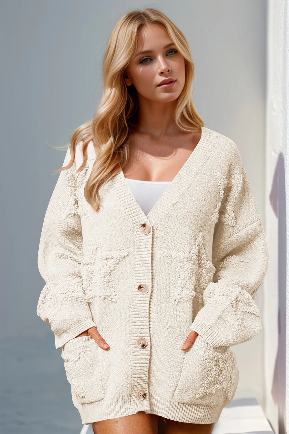 Double Take Full Size Button Up Star Pattern Cardigan – view 3 | Lola Mariee