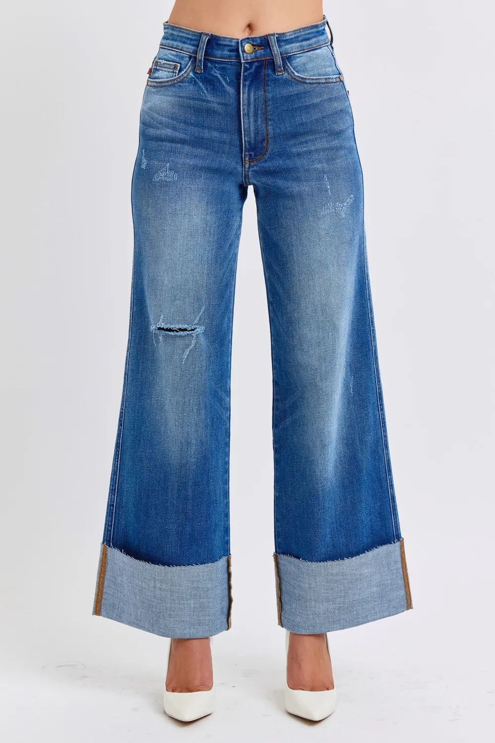 Judy Blue Full Size Distressed High Waist Wide Leg Jeans - women's bottoms at Lola Mariee boutique