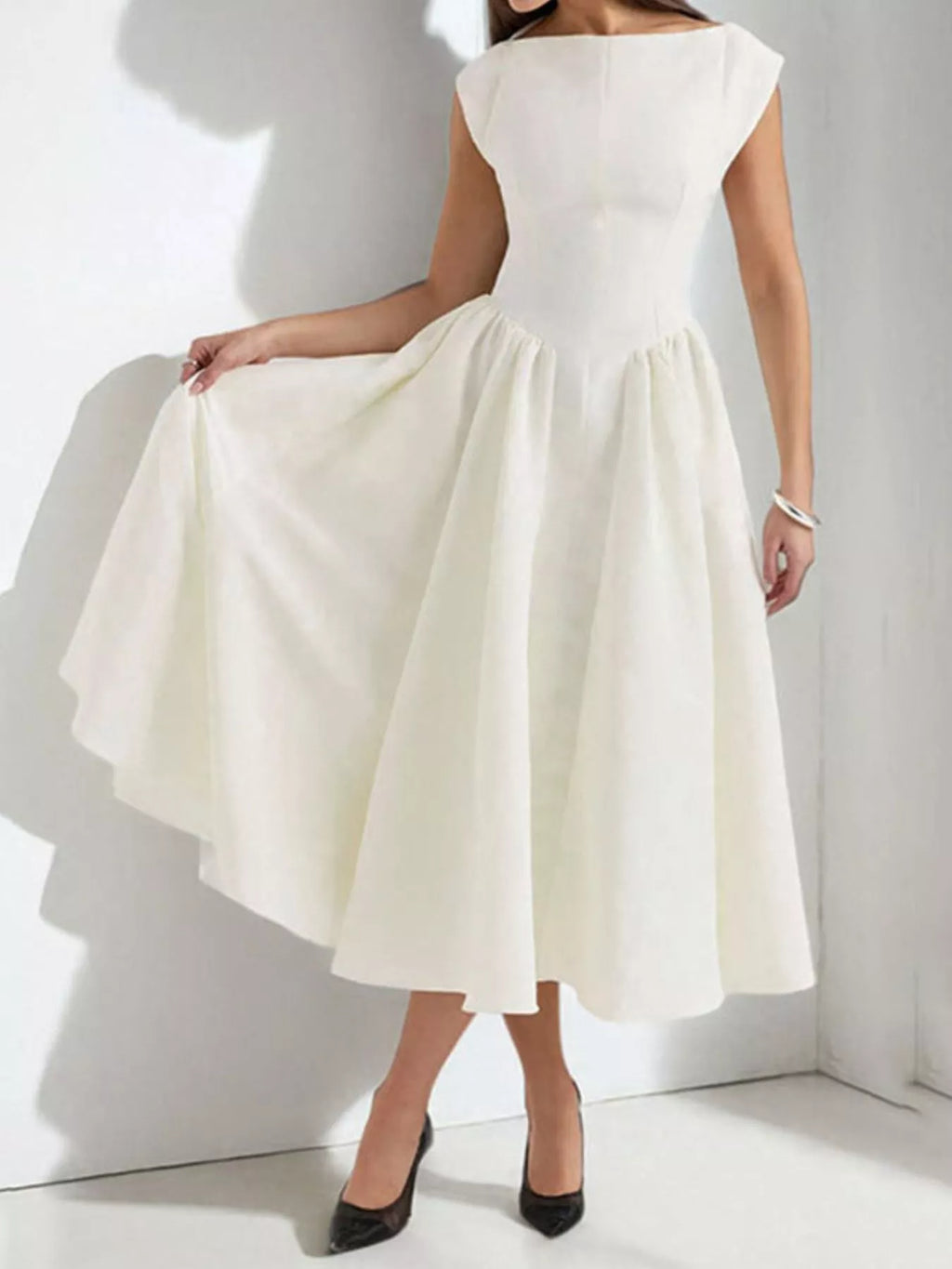 Cap Sleeve A-Line Midi Dress – view 2 | Lola Mariee