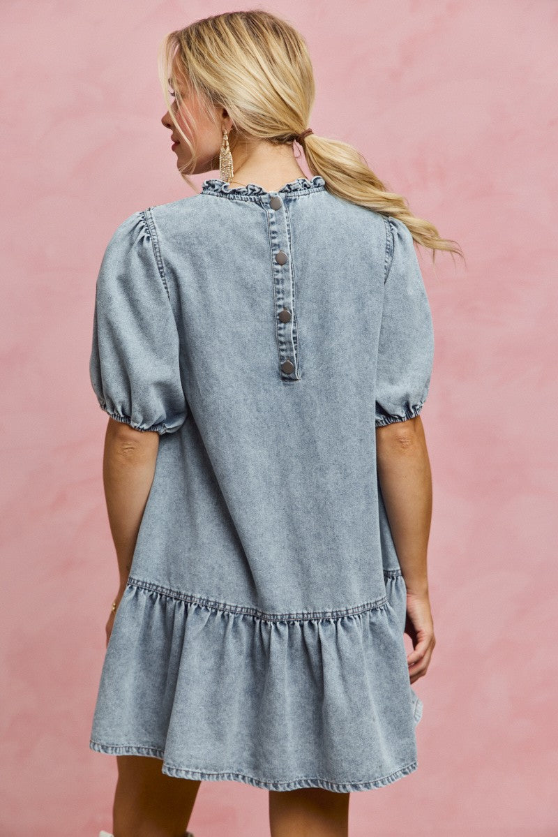 SO ME Denim Short Sleeves Mini Tiered Dress - Trendsi | Lola Mariee