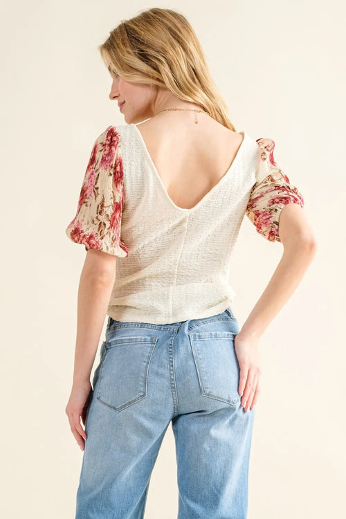 And The Why Full Size Floral Print Textured Sleeve Knit Top – view 2 | Lola Mariee