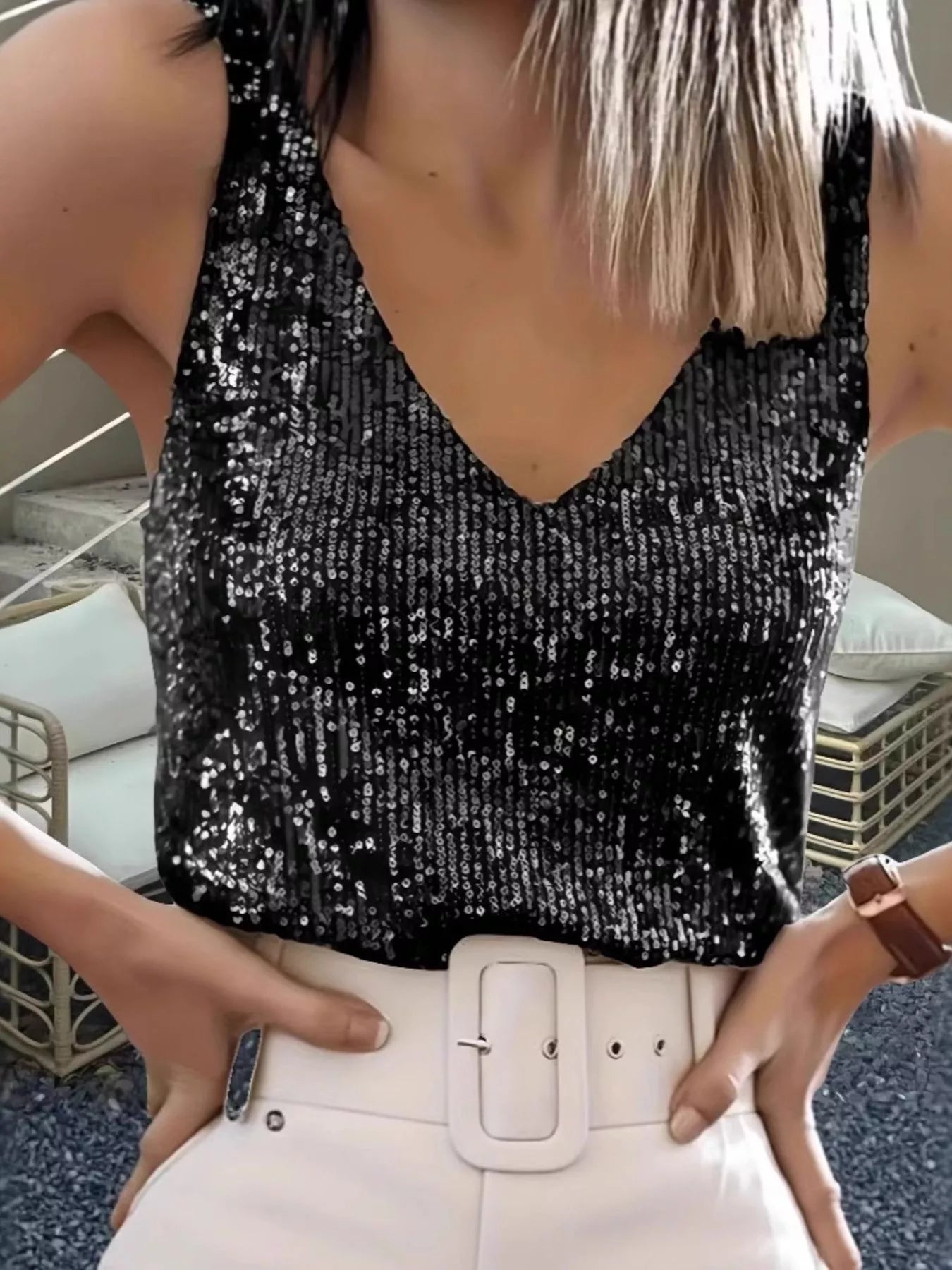 Sequin V-Neck Tank Top – view 5 | Lola Mariee