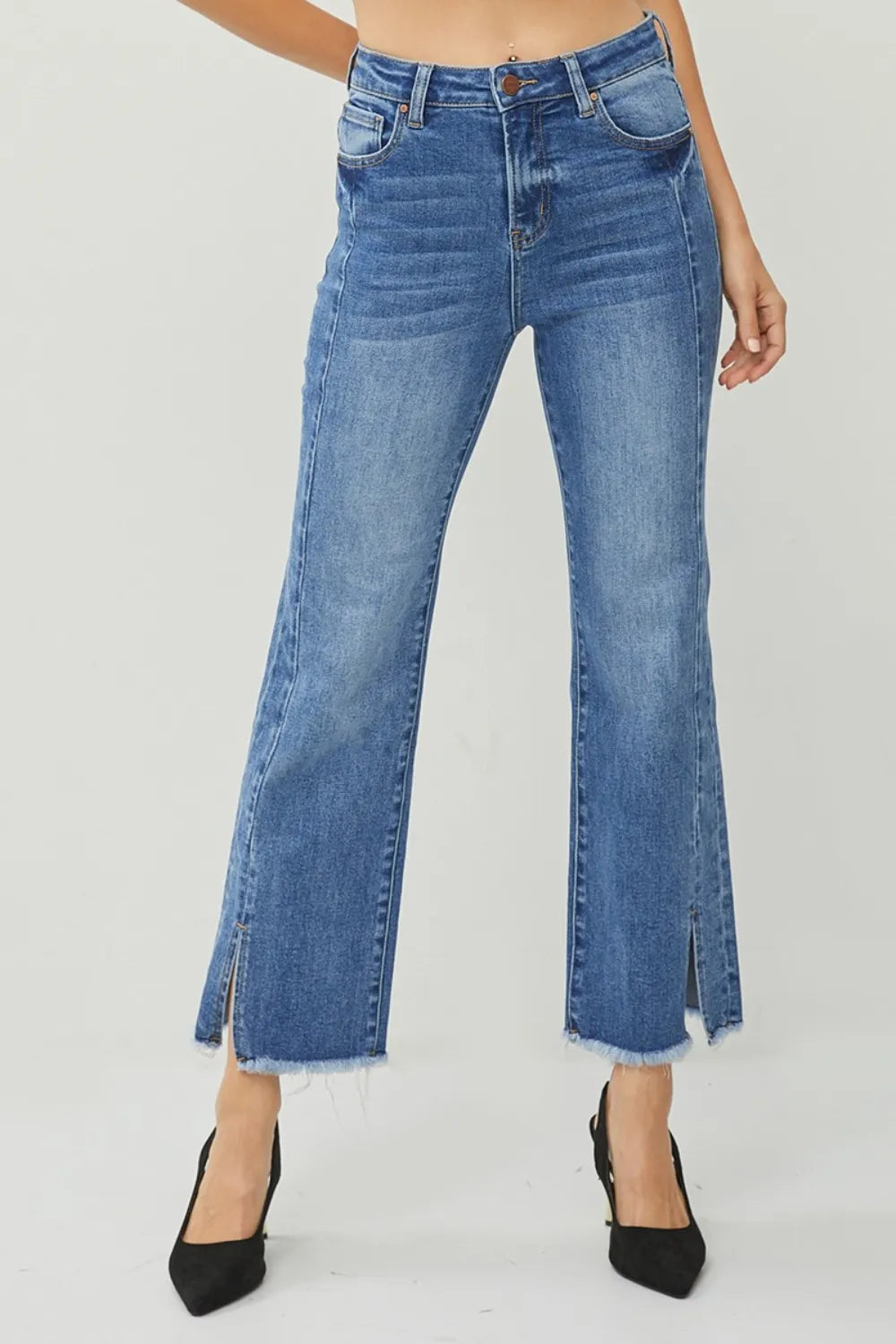 RISEN High Waist Raw Hem Slit Straight Jeans - women's bottoms at Lola Mariee boutique