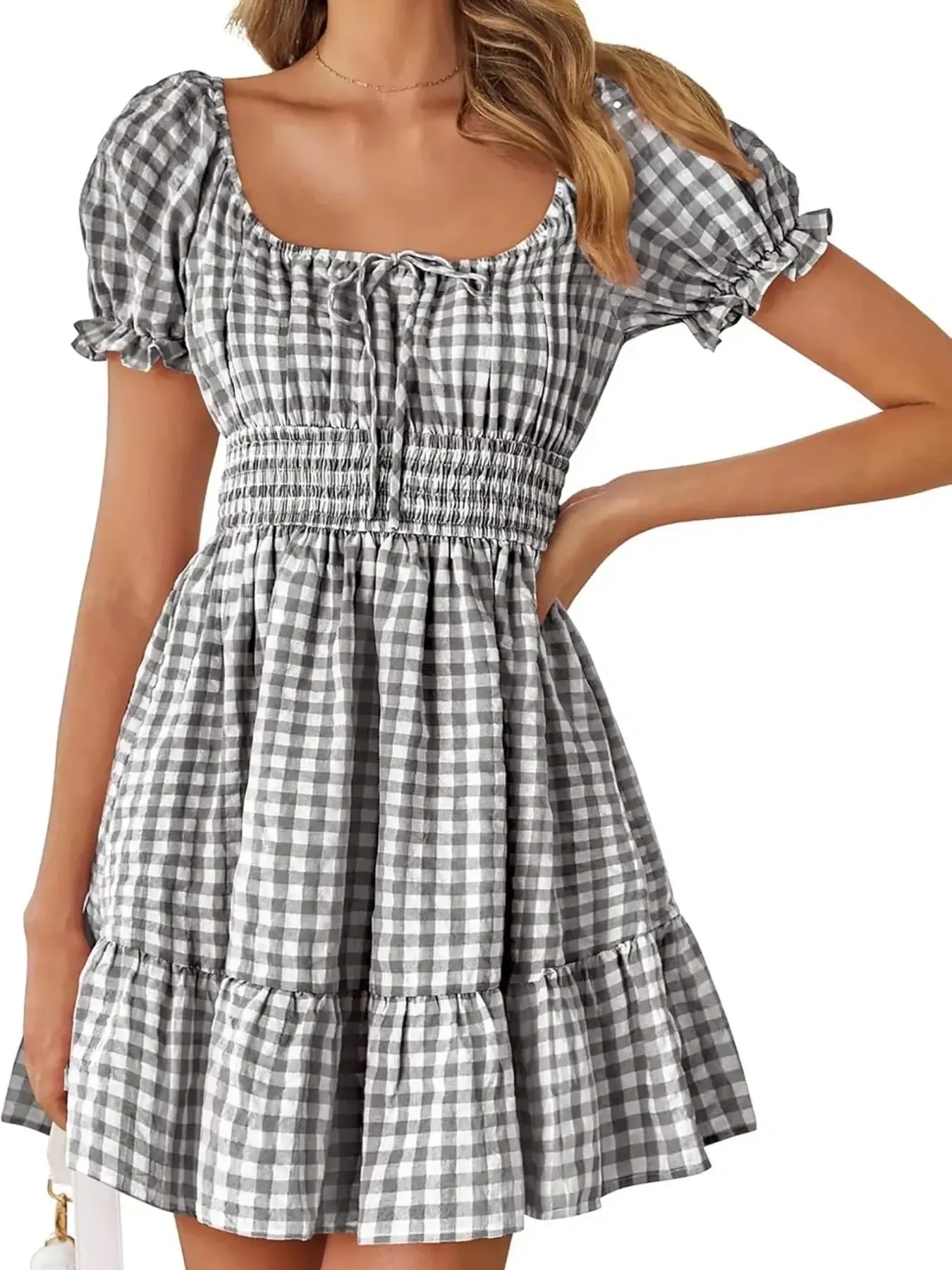 Gingham Smocked Puff Sleeve Summer Dress – view 4 | Lola Mariee
