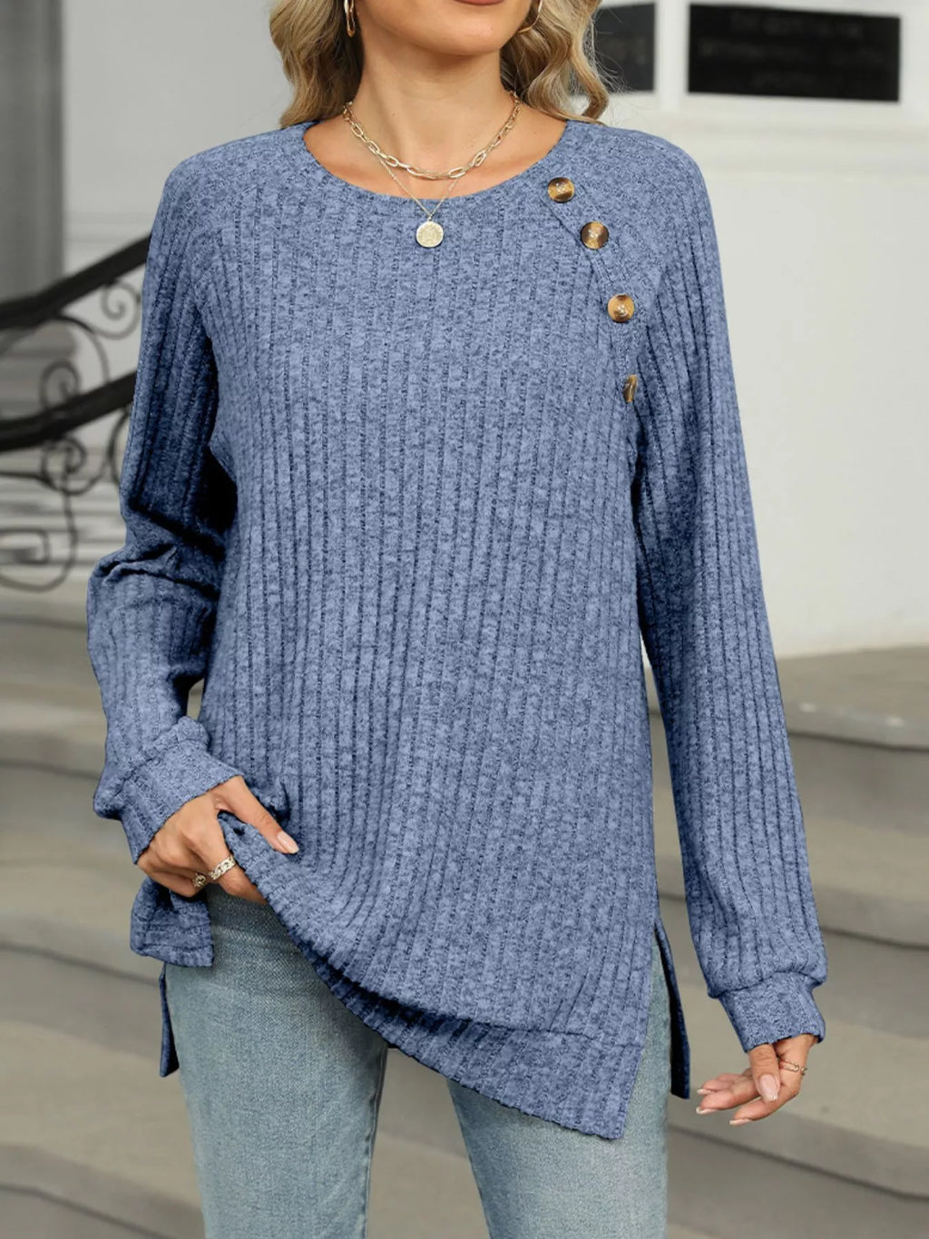 Round Neck Side Slit Ribbed Knit Top with Asymmetric Button Detail - Trendsi | Lola Mariee