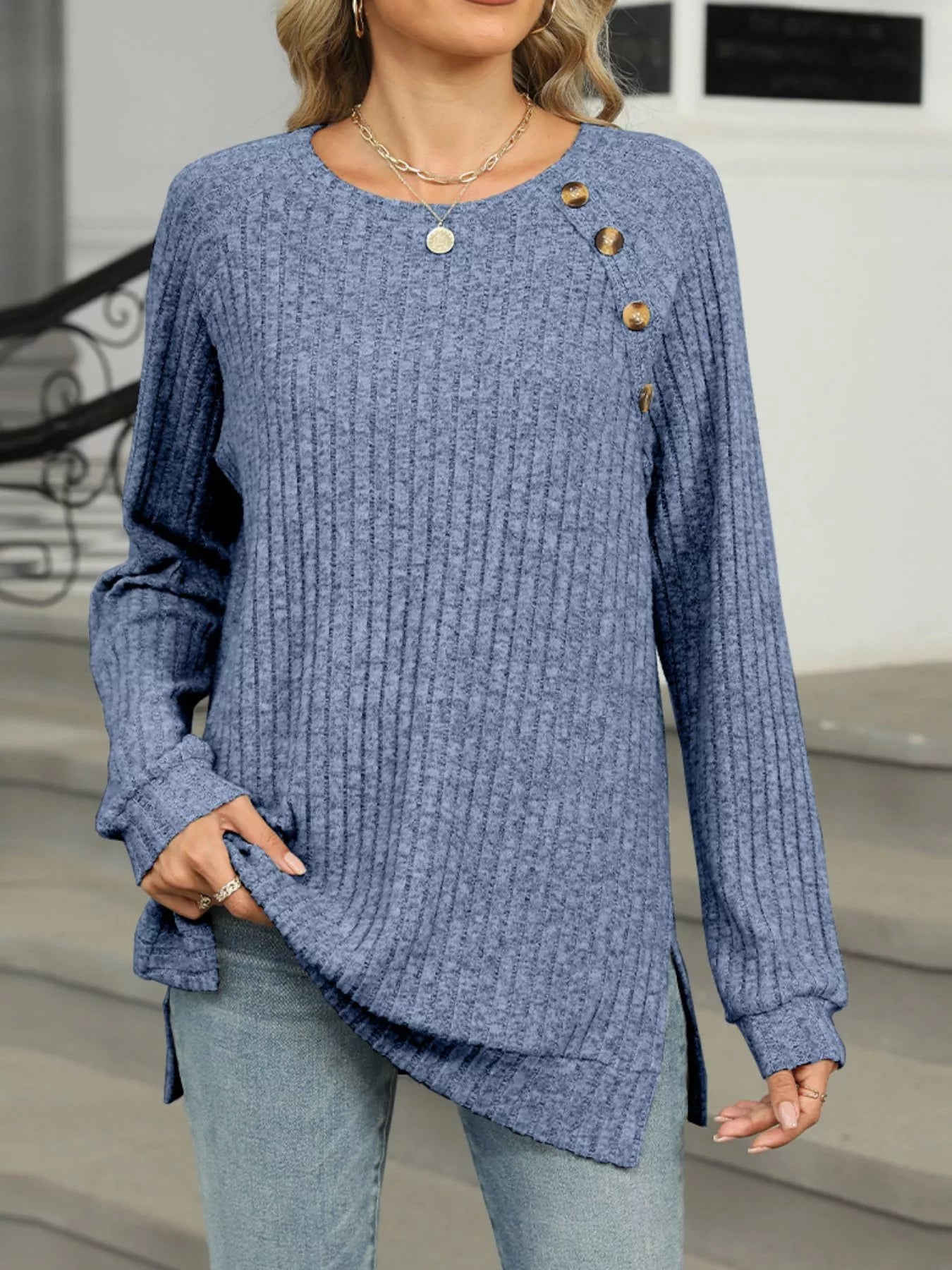 Round Neck Side Slit Ribbed Knit Top with Asymmetric Button Detail - Trendsi | Lola Mariee