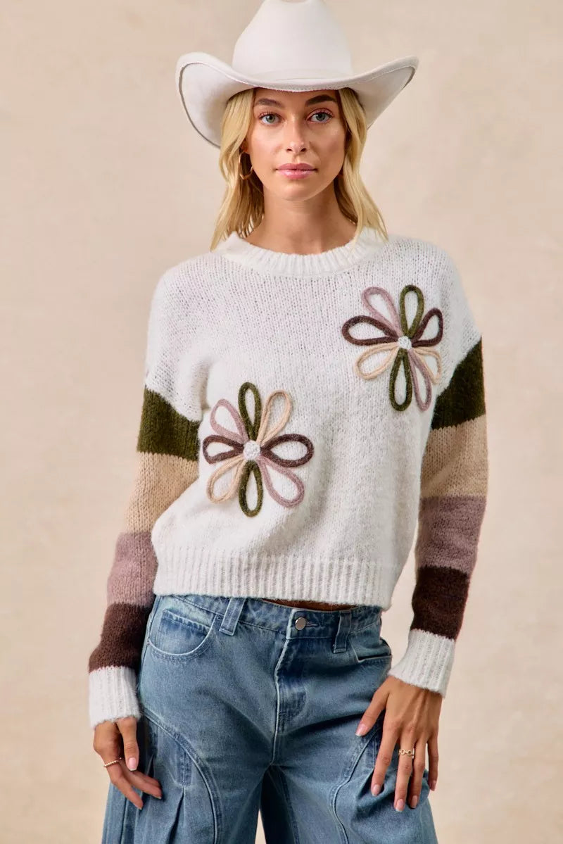 BiBi Flower Color Block Sweater - Trendsi | Lola Mariee