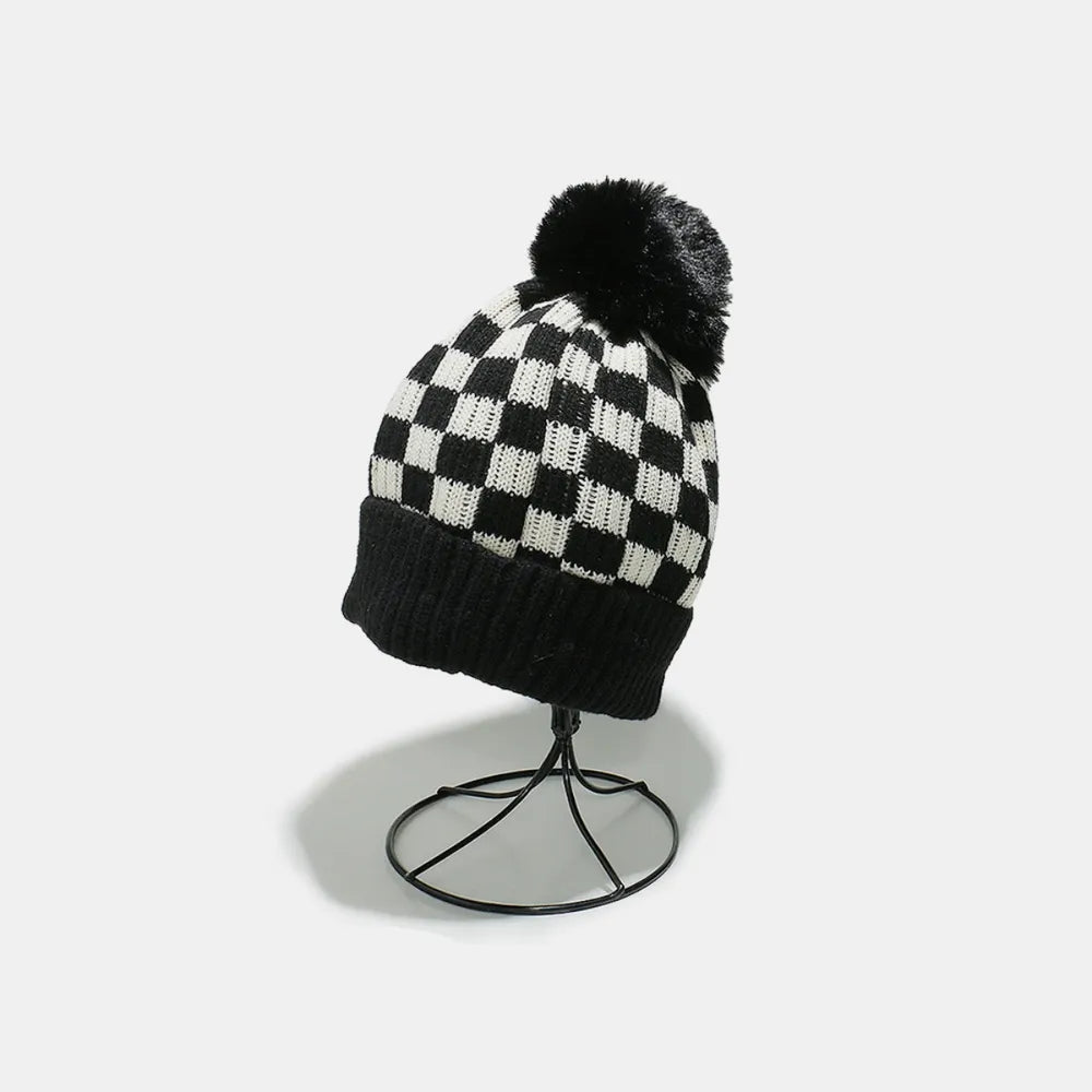 Checkered Knit Hat with Pompom – view 5 | Lola Mariee
