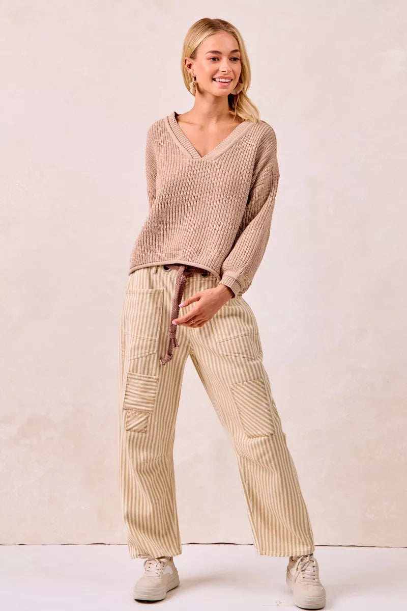 BiBi Drawstring Striped Twill Barrel Pants - Trendsi | Lola Mariee