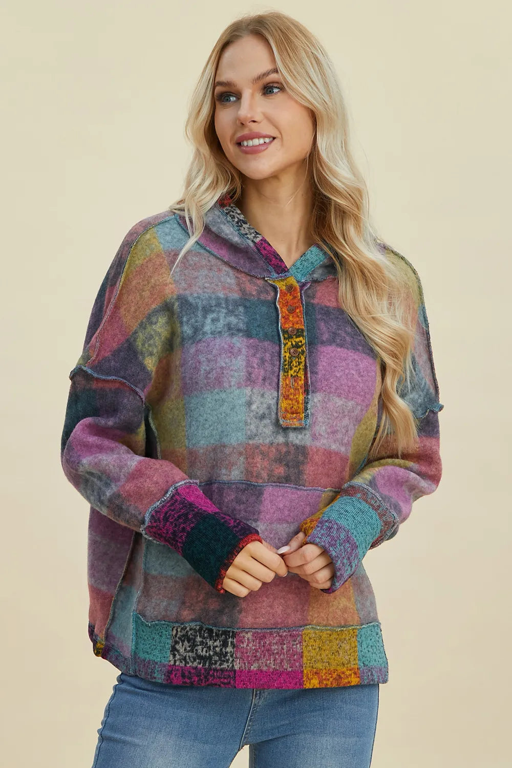 Double Take Full Size Plaid Dropped Shoulder Fleece Hoodie – view 3 | Lola Mariee