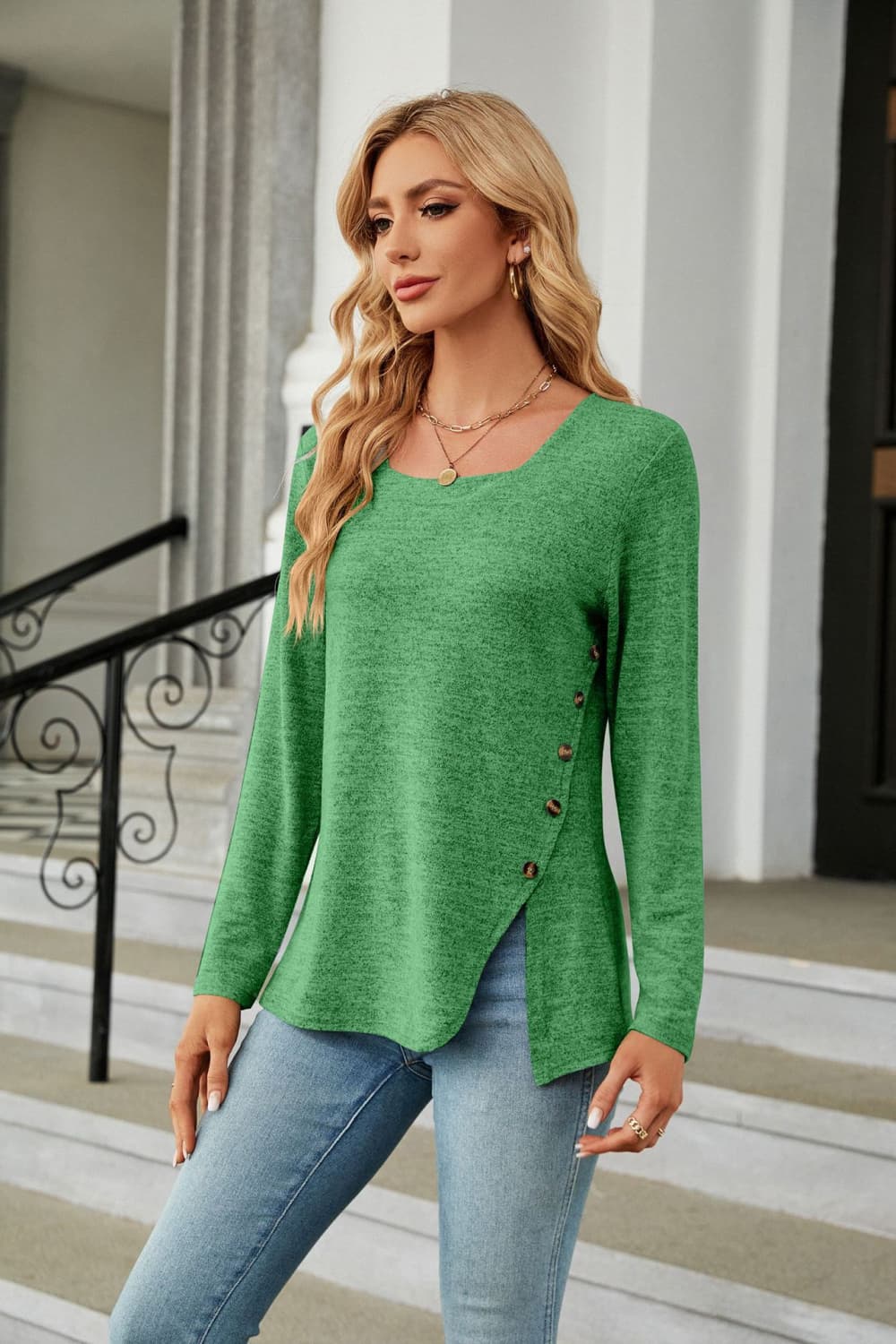 Square Neck Long Sleeve Slit T-Shirt - Trendsi | Lola Mariee