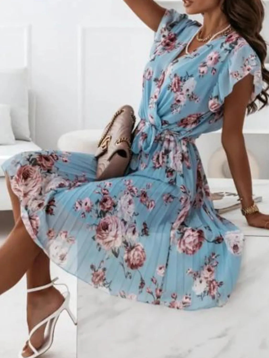 Floral Surplice Ruffled Cap Sleeve Dress - Trendsi | Lola Mariee