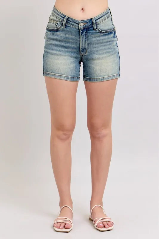 Judy Blue Full Size V-Front Vintage Wash Shorts Plus Size | Lola Mariee