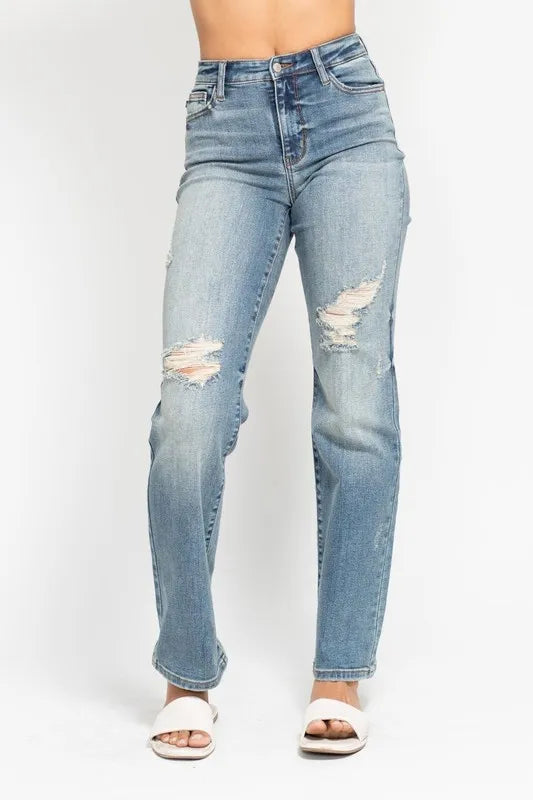 Judy Blue Full Size High Waist Distressed Dad Jean Plus Size - women's bottoms at Lola Mariee boutique