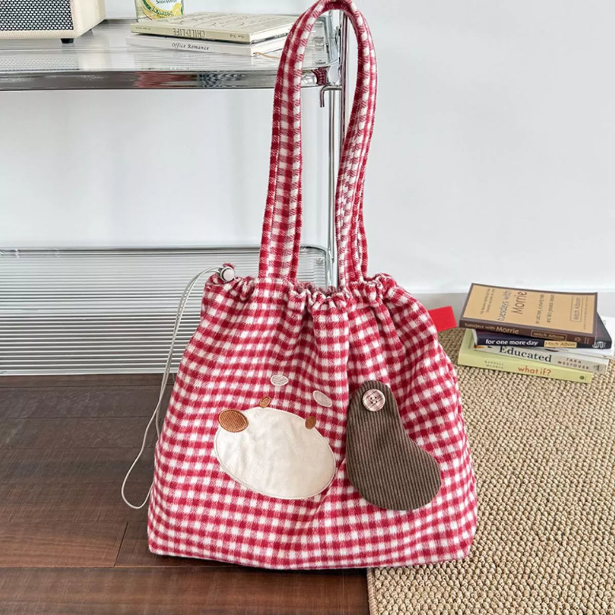 Gingham Drawstring Handbag – view 9 | Lola Mariee