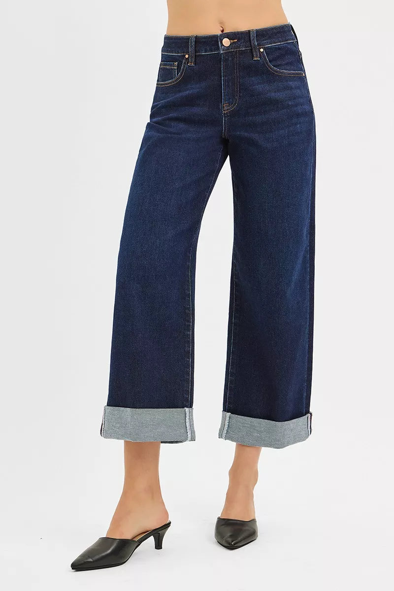 RISEN Mid Rise Fit Ankle Wide Roll Up Jeans - women's bottoms at Lola Mariee boutique