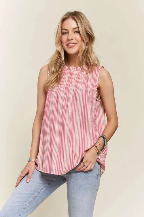 ADORA Contrast Striped Frill Round Neck Sleeveless Top | Lola Mariee