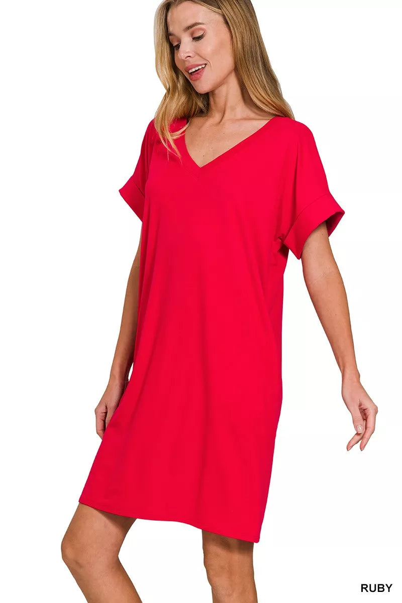 Zenana Brushed Dty Rolled Short Sleeve V-Neck Dress - Trendsi | Lola Mariee