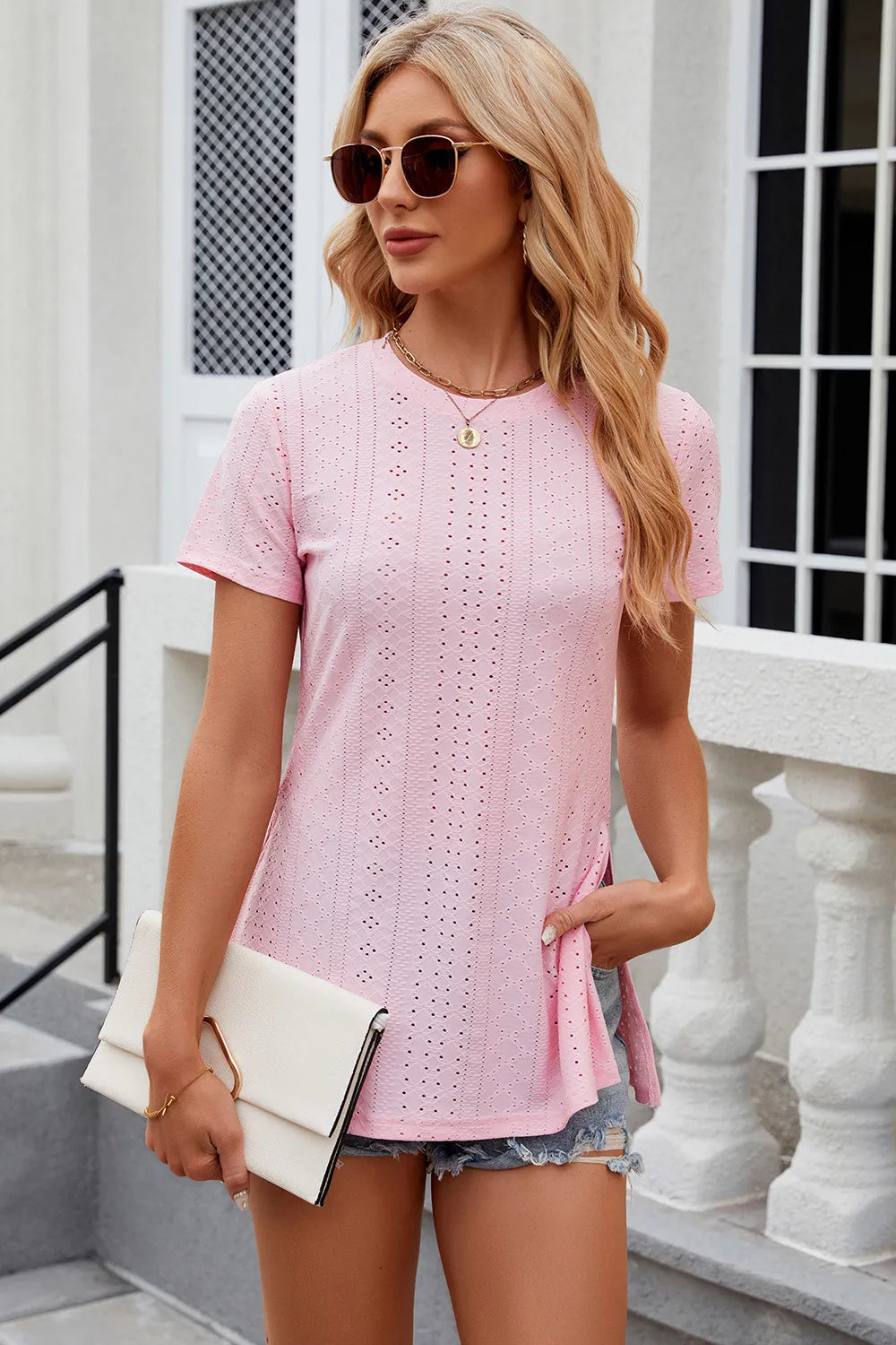 Eyelet Slit Round Neck Short Sleeve T-Shirt - Trendsi | Lola Mariee