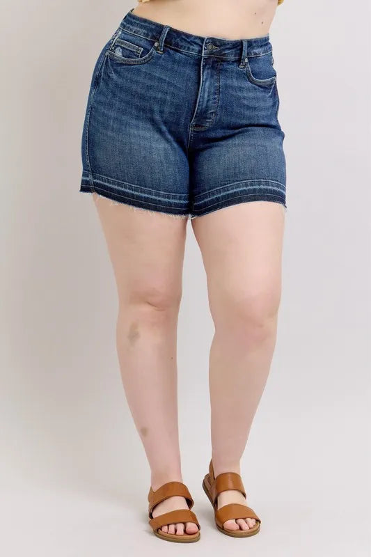 Judy Blue Plus Size HW Tummy Control Destroy Release Hem Denim Shorts - women's bottoms at Lola Mariee boutique