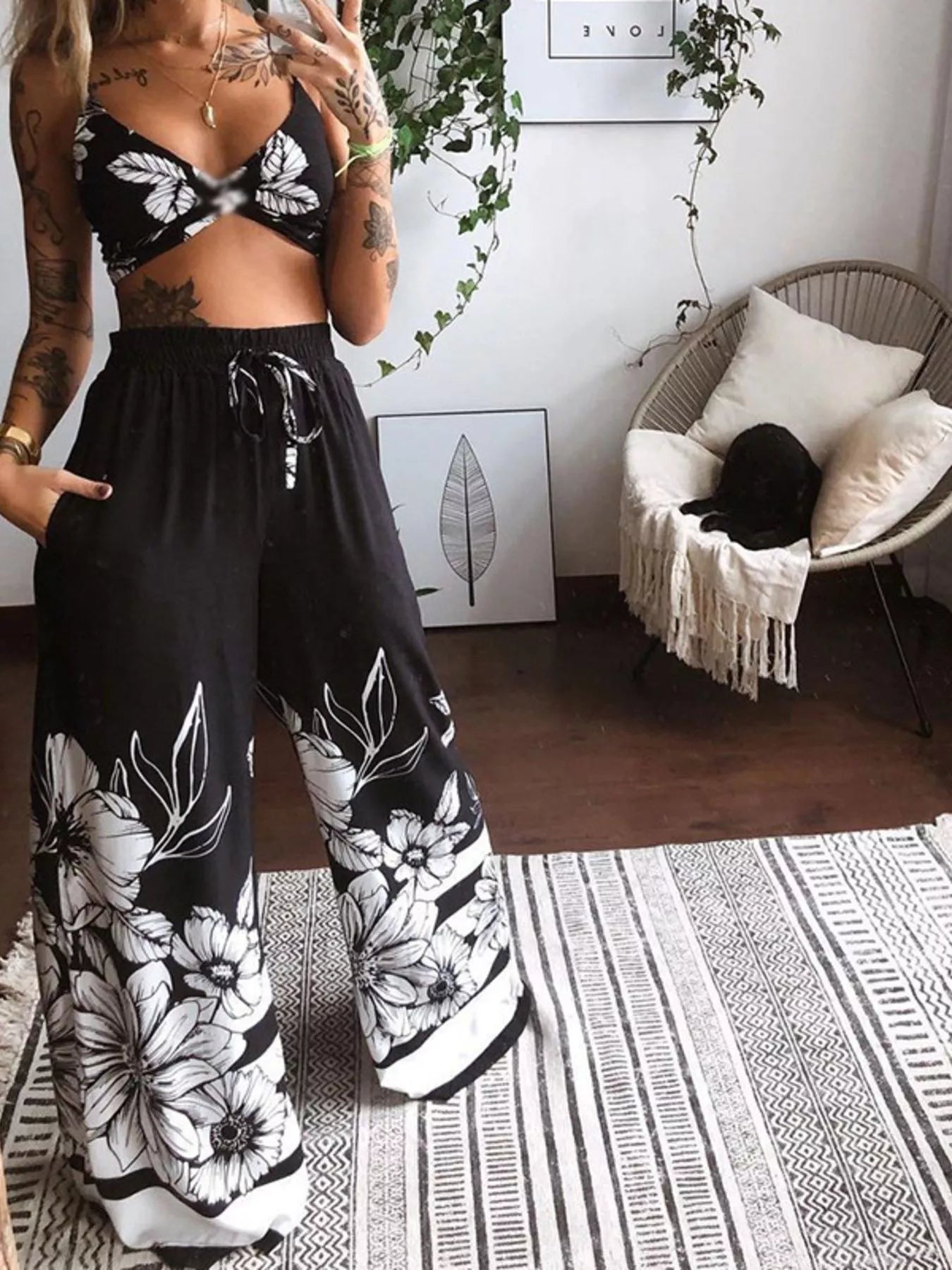 Boho Butterfly Print Top and Pants Set – view 7 | Lola Mariee