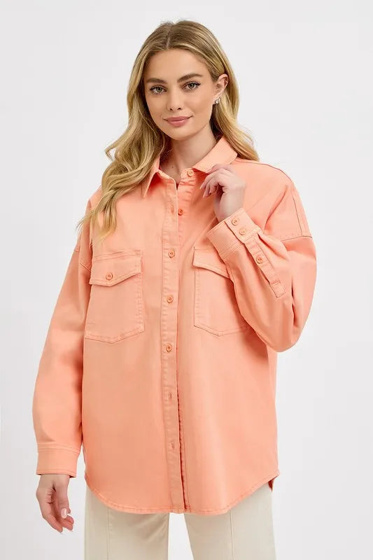 RISEN Full Size Button Down Long Sleeve Denim Shacket with Chest Pockets Plus Size - LOLA MARIEE | Lola Mariee