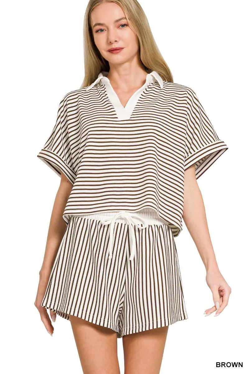 Zenana Striped Collared Top & Shorts Set - women's top at Lola Mariee boutique