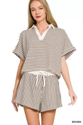 Zenana Striped Collared Top & Shorts Set - women's top at Lola Mariee boutique