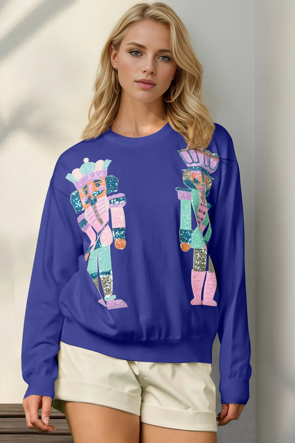 Double Take Full Size Sequin Nutcracker Long Sleeve Sweater – view 3 | Lola Mariee