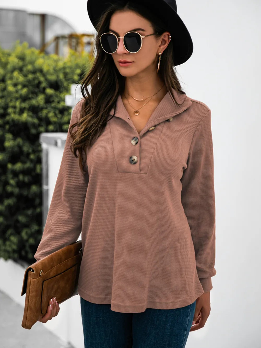 Half Button Long Sleeve T-Shirt - Trendsi | Lola Mariee